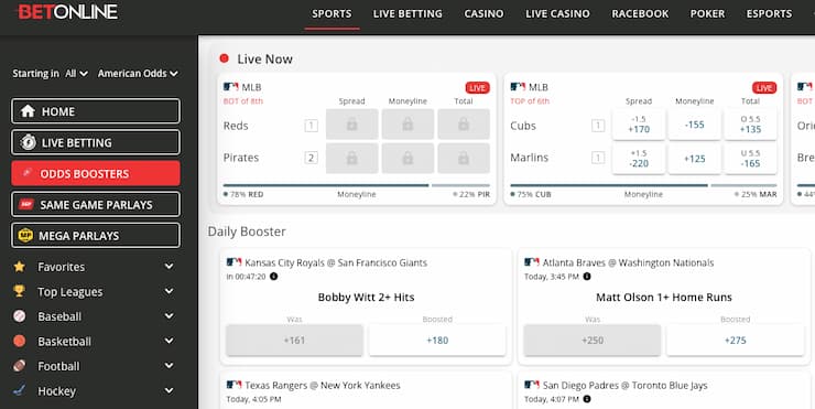 An image of daily odds boosters at BetOnline NC online sportsbook